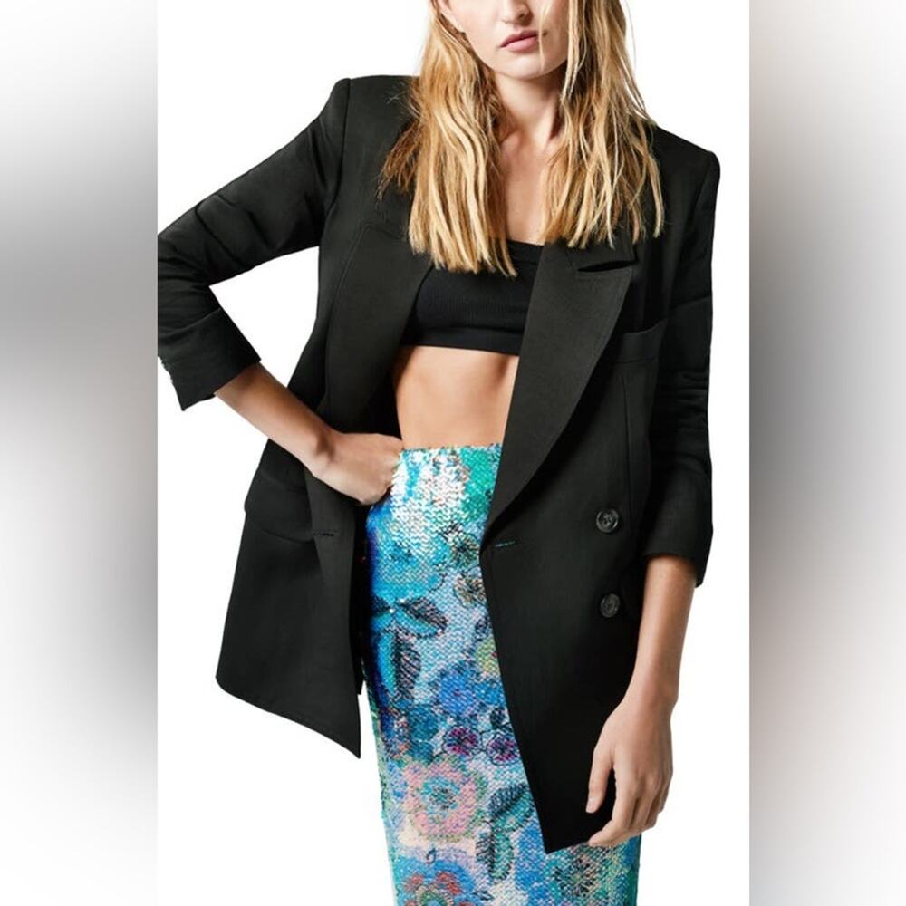 Smythe Black Oversized Linen Blend Double Breasted Long Sleeve Blazer L - Picture 6 of 12